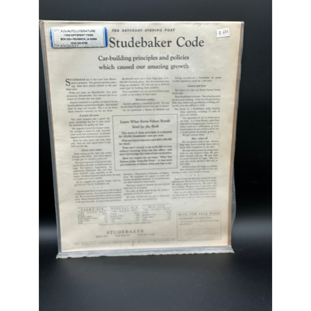 1924‎ Studebaker Code Vintage Ad Saturday Evening Post Light Special Big Six